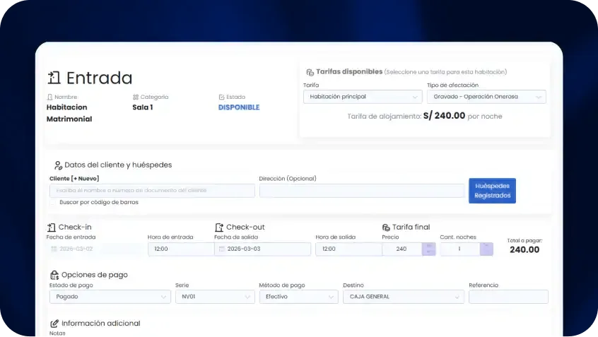 Check-in de un huésped con su tarifa en Sistema Facturación Perú