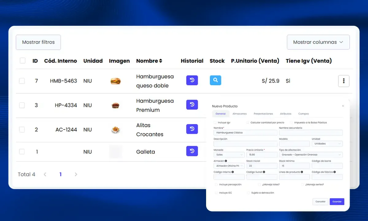 Lista de productos con precio, unidad y stock en Sistema Facturación Perú